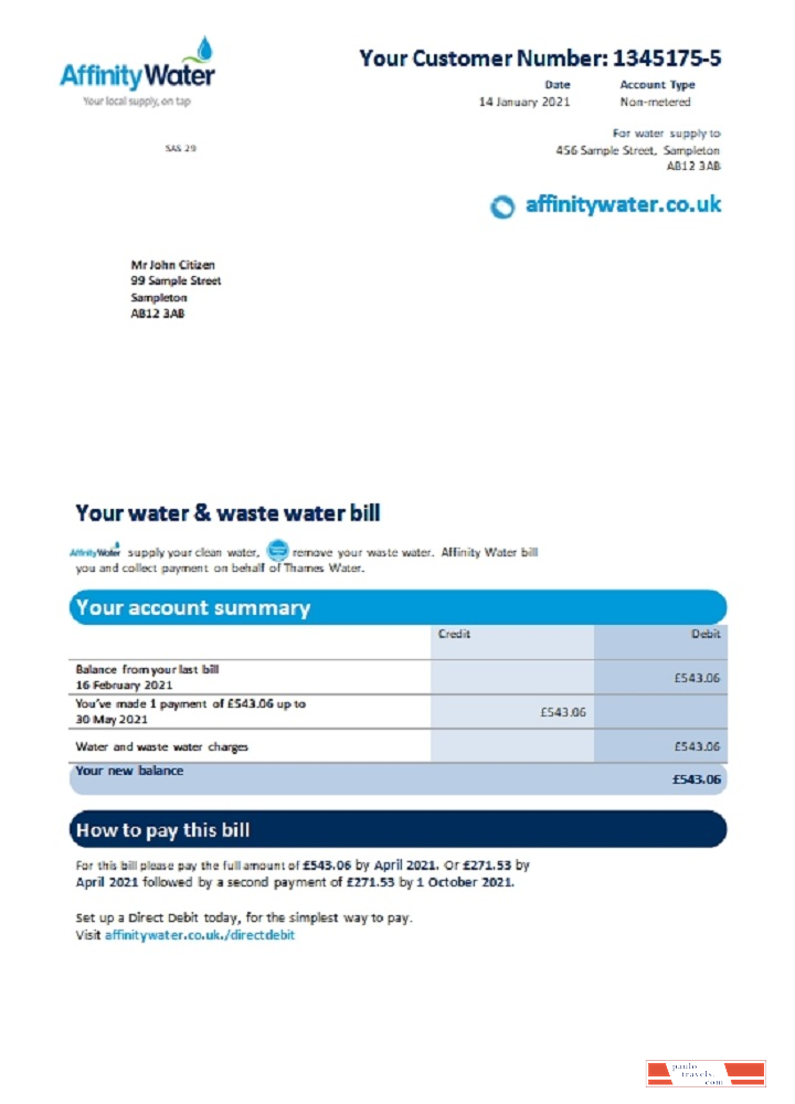 United Kingdom Affinity Water utility bill template in Word and PDF format